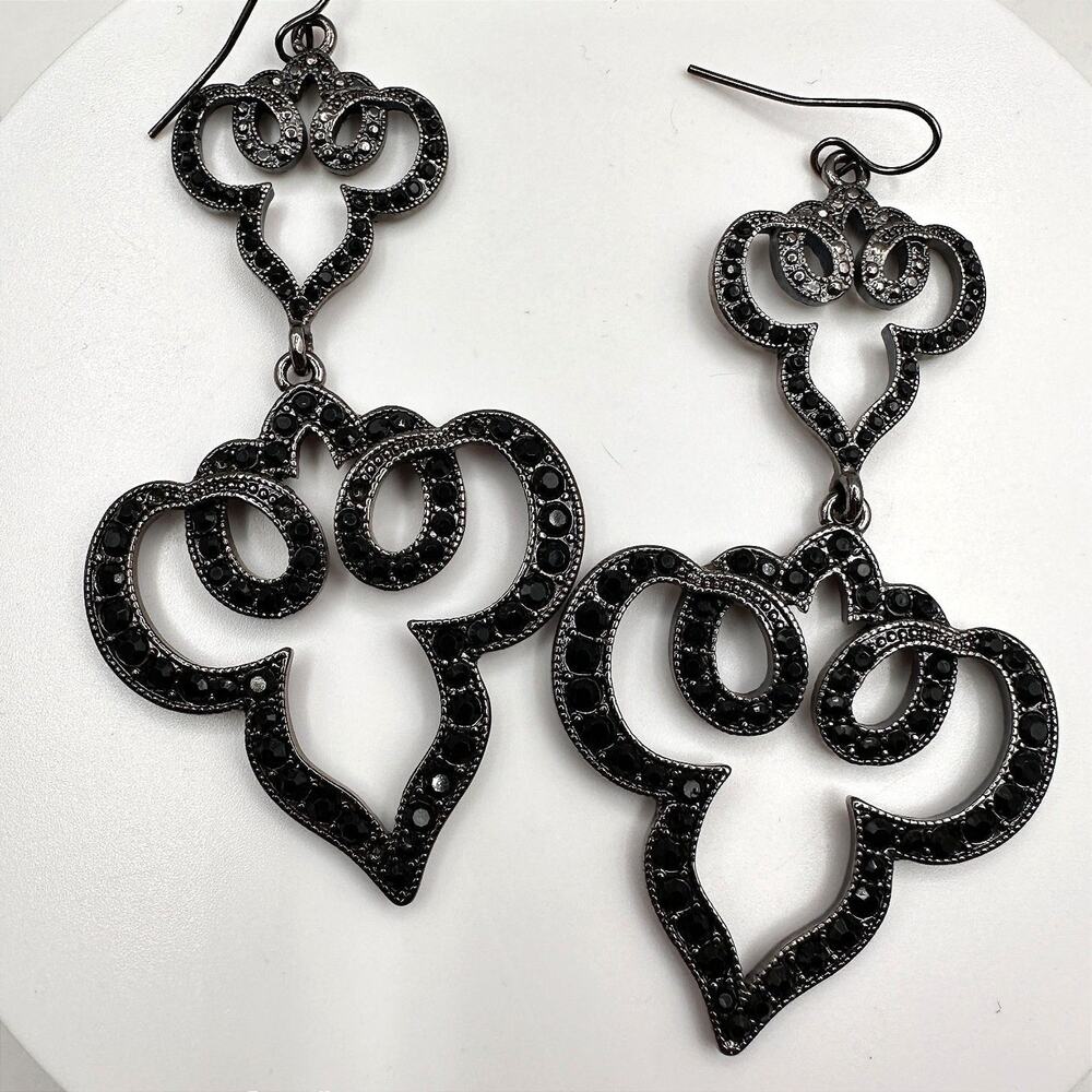 Vintage Y2K Black Rhinestone Chandelier Earrings Gunmetal Filigree Jewelry